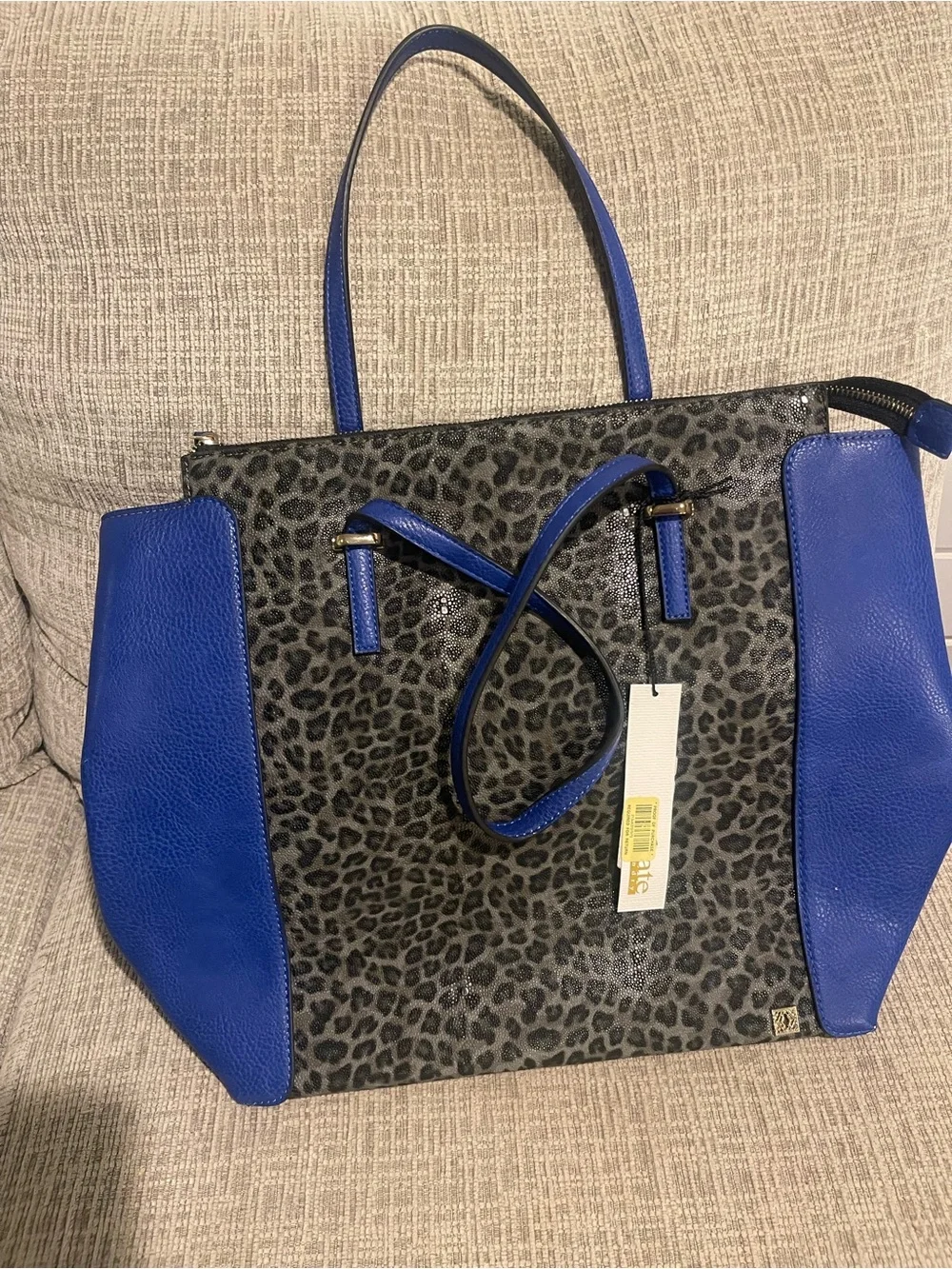 Kate Landry Blue Leopard Print Tote Bag NWT Large Zip Top Shoulder Purse